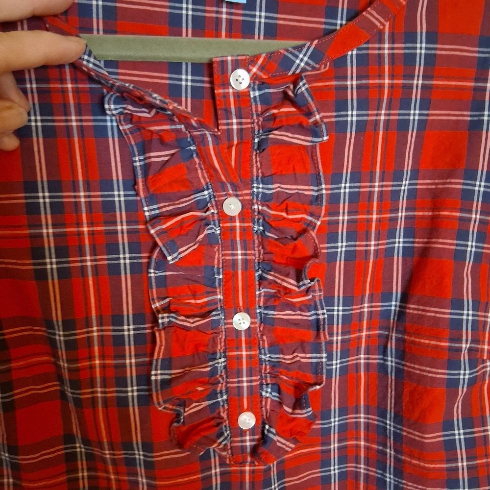 Draper James Red and Black Plaid Stretch Cotton Blouse With Ruffled Placket Sz L - Picture 11 of 14